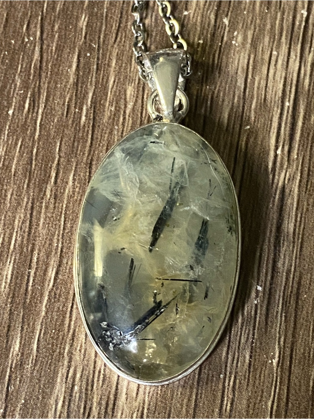 Silver Prehnite Rutilated Quartz Oval Pendant - Unbranded